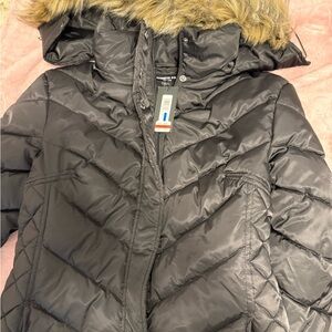 Kenneth Cole Black Puffer Jacket with Faux Fur Hood